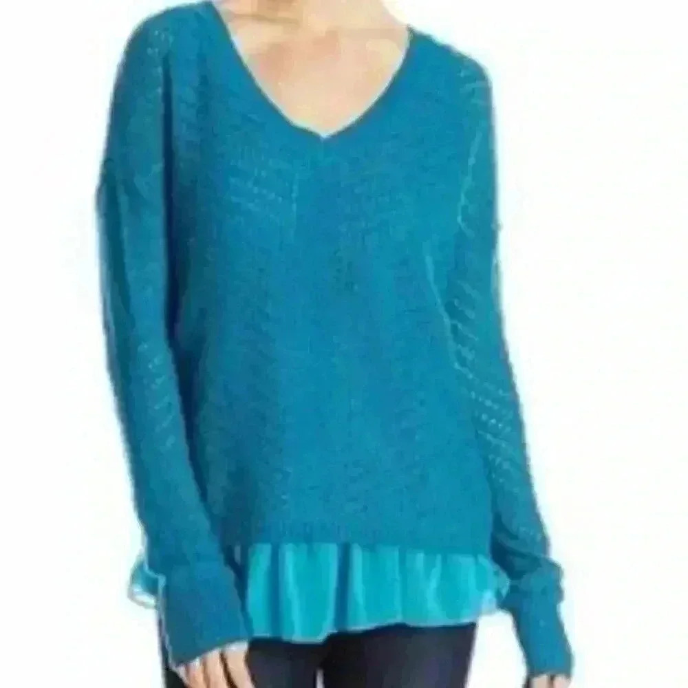 Prana Women's Ellery Sweater in Mosaic Blue Open Knit Ruffle Hem Size Small